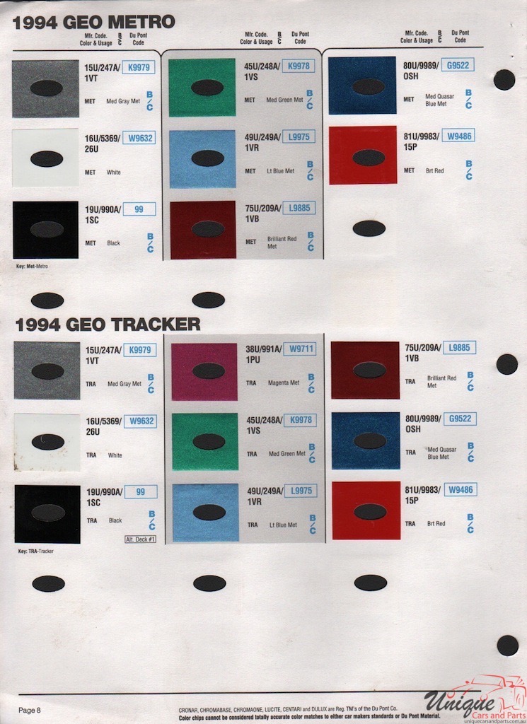 1994 GM GEO Paint Charts DuPont 7